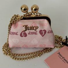 Juicy Couture Coin Purse With Crossbody Chain Condition: New With Tags Color: Pink Powder Blush * Pink Faux Leather With The Brand's Logo * Gold Plated Hardware * Chain Crossbody Strap W/ 22” Drop (Not Detachable) * Kiss Lock Closure * Fabric Lined Interior * Measurements: 4.5”W X 4”H *Style Name: Girls Just Wanna Have Fun Kisslock Coin Purse Cute Pink Purse, 2000s Accessories, Y2k Bags, Mcbling Fashion, Capri Outfits, Interior Measurements, Girls Just Wanna Have Fun, Expensive Bag, Pink Powder