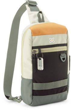 an orange, grey and white bag is shown with a strap around the bottom of it