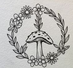 a drawing of a mushroom surrounded by flowers