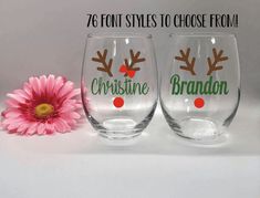 two wine glasses with reindeer faces and the words, 76 font styles to choose from