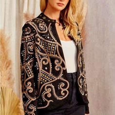 Gorgeous Embroidered Jackey With Mixed Studs And Stones. Embellished Long Sleeve Outerwear For Fall, Spring Party Embroidered Outerwear, Chic Embroidered Fall Outerwear, Elegant Fall Outerwear With Gold Embroidery, Fall Party Outerwear With Embroidery, Winter Party Outerwear With Gold Embroidery, Fitted Fall Outerwear With Geometric Embroidery, Fitted Winter Outerwear With Geometric Embroidery, Fitted Outerwear With Geometric Embroidery For Fall