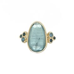 A baby blue Aquamarine is Set in 14k yellow gold with a pair of deep blue and teal sapphires and vibrant blue zircons. Emily's handmade seagrass band finishes this stunning piece. Approx stone size: 15 mm x 9mm Approx stone weight: 4.1cts Mohs Hardness: 7.5-8 This one of a kind piece is handmade to order in Emily's Hudson Valley studio. If you have questions about sizing, shipping or need help deciding please reach out to us! Alternative Engagement Ring, Aquamarine Ring, Local Jewelry, Alternative Engagement Rings, Aquamarine Rings, Blue Zircon, Aquamarine Blue, Vibrant Blue, Diamond Cluster