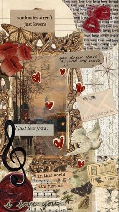 altered collage with music notes, hearts, and other things in the background that are mixed together