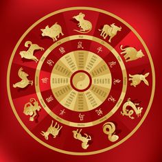 the zodiac sign in gold on a red background with chinese characters and symbols around it