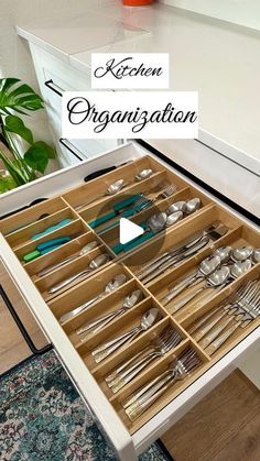 an open drawer with silverware in it and the words kitchen organization written on it