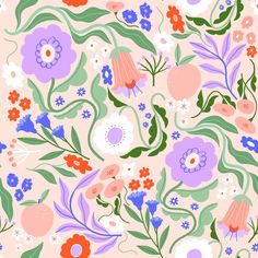 an abstract floral pattern with pink, purple and blue flowers on a light peach background