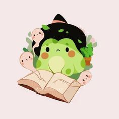 a cartoon character is reading a book with plants growing out of her head and eyes