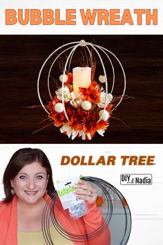 a woman holding up a dollar tree in front of a sign that says bubble wreath