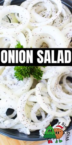 onion salad in a black bowl with the words onion salad on it and an image of onions