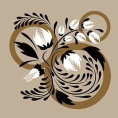 an abstract floral design in black and white on a beige background with swirls and leaves