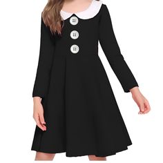 Adorable, Black Long Sleeve Dress With Peter Pan White Collar And Three Buttons With Pockets. Bottom Is Flared Out. This Could Be Worn For A Party, Church, Or As A “Wednesday Costume” At Halloween.! Cute Winter Dress For School, White Long Sleeve School Dress, Black Doll Collar Dress For Winter, Black Doll Collar Winter Dress, Casual Black Doll Collar Dress, Black Winter Dress With Doll Collar, Fitted Black Dress For School, Black Fitted Dress For School, Cute Black Dress For Fall