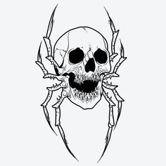 a drawing of a skull with two claws and a spider on it's face