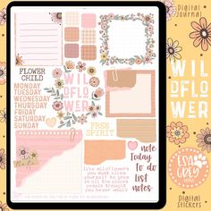 the wildflower planner sticker kit is shown in pink, yellow and orange colors