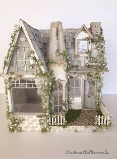 a doll house with ivy growing on the roof and windows, in front of a white background