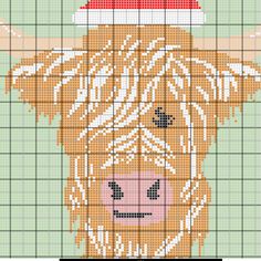 a cross stitch pattern with a cow wearing a santa hat on it's head