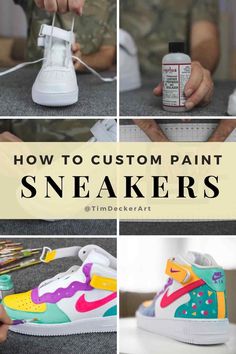 How to Custom Paint Sneakers - Supplies, Instructions & FAQs — Tim Decker How To Paint Shoes With Acrylic Paint, Painting Boots Diy, Sneaker Painting Ideas, How To Customize Shoes, Sneakers Painting Ideas, Paint Leather Shoes, How To Paint Shoes, Spray Paint Shoes, Sneakers Painting