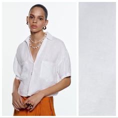 Nwt. Zara White 100% Linen Cropped Shirt With Lapel Collar, V-Neckline, Short Sleeves, Front Patch Pockets Front Button Closure. Size S. Ref. 2402/500. Pit To Pit 23" Flat, Shoulders 21", Sleeves 7", Length 19". 1012 Elegant V-neck Beach Shirt, Casual Johnny Collar Blouse, White Collared Blouse For The Beach, White Collared Blouse For Beach, Summer Blouse With Johnny Collar And Relaxed Fit, Summer Johnny Collar Blouse With Relaxed Fit, Summer Blouse With Johnny Collar In Relaxed Fit, Casual Tops With Johnny Collar For Daywear, Casual Johnny Collar Tops For Daywear