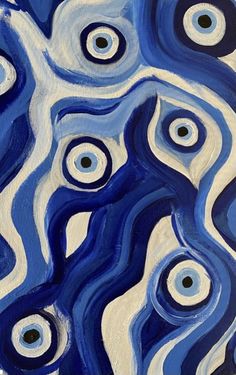 an abstract painting with blue, white and black swirls on the bottom half of it