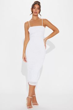 Available In White. Crochet Midi Dress Straight Neckline Spaghetti Straps Lace Up Back Lined Stretch Length = 47" Self: 95% Polyester 5% Spandex Lining: 100% Polyester Imported | Beachy Bliss Crochet Midi Dress in White size 1X by Fashion Nova White Crochet Dress With Spaghetti Straps For Summer, White Crochet Dress With Spaghetti Straps, Summer Stretch Crochet Midi Dress, Stretch Crochet Midi Dress For Summer, White Fitted Crochet Dress With Spaghetti Straps, Fitted Sleeveless Crochet Dress For Brunch, Fitted Crochet Dress With Spaghetti Straps For Party, White Crochet Dress With Spaghetti Straps For Spring, Spring Fitted Crochet Dress With Spaghetti Straps