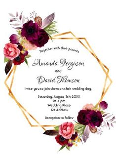 an elegant wedding card with flowers and leaves