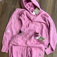 Never Worn Smoke Free Home Orchid Pink/ Purple Color Urban Outfitters Exclusive Champion Writing On Both Sleeves And Pants Pink Cotton Tracksuit For Streetwear, Pink Cotton Loungewear Tracksuit, Pink Cotton Tracksuit For Loungewear, Pink Cotton Athleisure Sweats, Pink Winter Tracksuit In Athleisure Style, Pink Winter Athleisure Tracksuit, Pink Athleisure Tracksuit For Winter, Pink Fleece Sportswear Activewear, Pink Fleece Athleisure Activewear