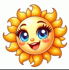 a cartoon sun with big blue eyes on it's face is smiling for the camera