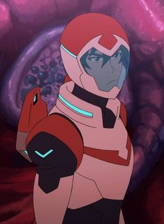 an animated character in a red space suit holding a black object and looking at the camera