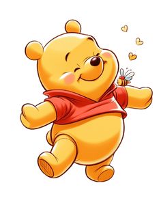 a winnie the pooh character flying through the air with a honeybee in its hand