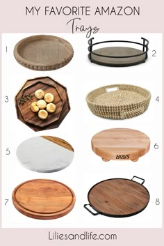 different types of wooden trays with the words, my favorite amazon things