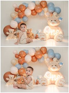 two photos of a baby with balloons and teddy bears