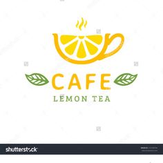 the logo for cafe lemon tea with orange slice and green leaves on white background stock photo