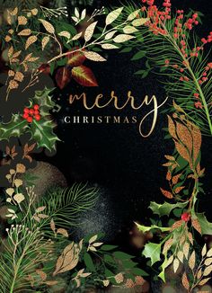 a christmas card with holly branches and red berries on it, against a black background