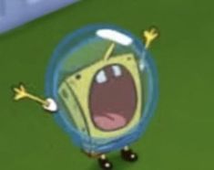 an animated cartoon character with his mouth open and eyes wide open, standing on a green surface