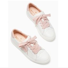 Kate Spade Optic White/Rose Smoke Sneakers In Sizes 8, 9, 10, & 11 Brand New! Details: ~ Available In Sizes 8, 9, 10, & 11 ~ Glitter 25% & Cow Leather 75% Upper ~ Cotton Twill Lining ~ Rubber Outsole ~ Comes With Two Different Shoelaces ~ Style #K6849 Product Description: Sneakers Should Be Equally Cute As They Are Comfortable. That's Why This Pair Has Playful, Feminine Details That Are Sure To Stand Out Whether You're Commuting Or Running To The Free Cupcakes In The Conference Room! *These Snea Kate Spade Lace-up Sneakers With Branded Insole, Pink Sneakers With White Laces For Spring, Kate Spade White Sneakers For Spring, Kate Spade White Low-top Sneakers, Kate Spade Casual Sneakers For Spring, White Kate Spade Sneakers For Spring, Kate Spade Casual Spring Sneakers, Pink Wedge Heels, Shoes Sneakers Pink