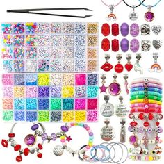 a collection of assorted beads, bracelets and other items on a white background