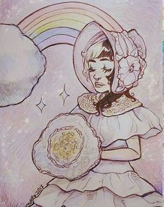 a drawing of a woman holding a flower in front of a rainbow and cloud background