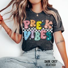 Pre-K Vibes Shirt, Pre K Teacher Shirts, Pre-K Crew Shirts, Back to School Shirt, Retro Pre-K Tee, PreK Squad, Kids First Day of Pre K Tee More Grades and Styles Here: https://www.etsy.com/shop/TheGraphicPeach?ref=seller-platform-mcnav§ion_id=34195008 For environmental and human friendly reason, this product is only made when you order. Turnaround time is usually 1-5 business days before shipping, but can increase during holiday periods. Our professional printers always strive to ship as quickly Retro Black Top For School, Playful Gray Top With Graphic Print, Trendy Multicolor School Shirt, Cute Multicolor Shirt With Letter Print, Multicolor Relaxed Fit Tops For School, Relaxed Fit Multicolor Tops For School, Cute Gray Top With Graphic Print, Trendy Multicolor Shirt With Letter Print, Cute Gray Tops With Letter Print