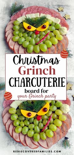 Looking to bring a bit of Grinch magic to your Christmas spread? Our easy Grinch face charcuterie board is made with grapes and other kid-approved ingredients. It is the perfect kids snack idea for a Grinch party, or pair it with the movie for a fun family activity. Head to rediscoveredfamilies.com for the full instructions, and save this pin to find it when you are ready to create the Grinch face! Kids Class Party Food Ideas, Healthy Christmas Snacks For Kids School, Grinch Ideas For Kids, Grinch Movie Night Ideas, Movie Charcuterie Board, Christmas Appetizers For Kids, Grinch Charcuterie, Grinch Charcuterie Board, Grinch Activities For Kids