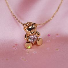 "Dreamy Teddy Bear Charm Necklace takes us on a nostalgic trip back to our childhood! Beautifully detailed with a sparkling crystal heart, & gold. Cuddle up! Wildflower + Co. Jewelry Personalize with (1) your choice of necklace, (2) option to add additional charms, & (3) choice of card for the box! Packaged in a super cute gift box. ♥ Choose your necklace! See photo + drop-down + descriptions below. ♥ Add more charms to make this even more special! Shop charms here: https://etsy.me/2j6NVbX Just Cute Gold Necklace For Birthday Gift, Cute Gold Friendship Necklace, Teddy Bear Necklace, Angelcore Aesthetic, Bear Necklace, Jewelry Accessories Ideas, Dope Jewelry, Girly Accessories, Jewelry Lookbook