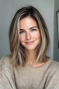 2. Layered Lob with Subtle Blonde Balayage (Straight Hairstyles For Women) - Straight Hairstyles For Women Fine Hair Lob Shoulder Length, Lob Hairstyle For Fine Hair, Shoulder Length Fine Hair, Blonde Balayage Straight, Fine Hair Shoulder Length, Subtle Blonde Balayage, Straight Lob, Sleek Haircuts, Subtle Blonde