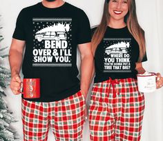 Christmas Vacation Couples Christmas Shirt, Where Do You Think You're Going To Put A Tree That Big Shirt,Bend Over And I'll Show You T-Shirt Hello there! We choose one of the highest-quality t-shirt manufacturers in the market! We either choose Circle Soft Style, Bella Canvas, Gildan Soft Style. If you want a specific brand please let us know. Otherwise, we will send the brand that we have available in our stock. Here's some additional information: - All solid color t-shirts are made of 100% cotton. - All Heather Colors are made of a cotton and poly blend, making them incredibly soft and comfy! - Our shirts are all Unisex (except women's v-neck) and come in Retail Fit sizes. Side seamed and shoulder to shoulder taped. - The size tag labels are the free tear-away kind, so no more itching! S Matching Christmas Pajamas, Couple Tees, Funny Christmas Shirts, Funny Couples, Family Christmas Shirts, Christmas Couple, Couple Matching, Christmas Tees, Couple Shirts