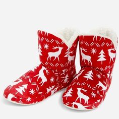 Vera Bradley Reindeer Slipper Booties Size Small, Shoe Size 5-6 Red Round Toe Booties For Winter, Penguin Slippers, Travel Slippers, Cat Slippers, Bear Slippers, Pink Slippers, Cat Holidays, White Fleece, Slippers Cozy