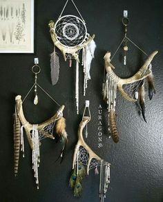 three dream catchers are hanging on the wall