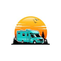 an rv parked in front of the sun with trees and birds flying over it on a white background