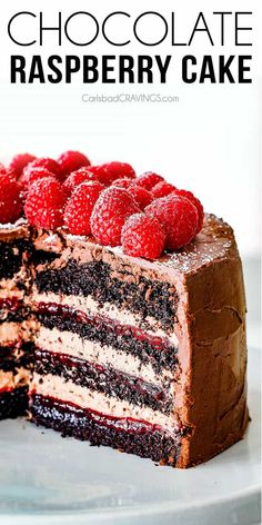 a chocolate raspberry cake on a white plate