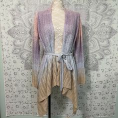 I Ship Within 24 Hours :) $260 Vertigo From Nordstrom Rack Open Crochet Cardigan Knit Sweater Size: M Medium (Please See Measurements) Color: Beige Pink Purple Blue Brand New. Never Worn. Please See All Photos For Further Measurements Measurements Are Approximate (Taken Lying Flat; Un-Stretched) Armpit To Armpit: 17.5” Armpit To End Of Sleeve: 20” Armpit To Bottom Hem (Down Side): 19.5” Material Tag Shown In Photos. 15k Multicolor Open Knit Outerwear For Spring, Spring Knit Cardigan For Layering, Bohemian Pointelle Knit Cardigan For Fall, Spring Knit Wrap Outerwear, Crochet Knit Sweater, Cardigan Purple, Cardigan Knit, Pink Purple Blue, Pink M