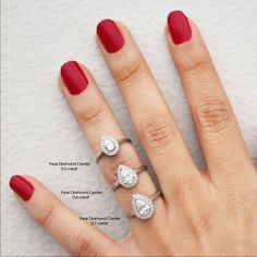 a woman's hand with three different engagement rings on it and the names of each ring