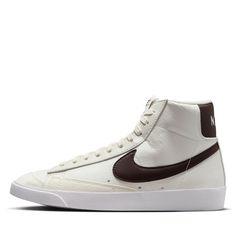 * Leather upper   * Foam tongue   * Vulcanized midsole   * Rubber outsole   * Color: Sail/Baroque Brown/White   * Style: DQ4124-107 Brown Nike Blazers, Nike Blazer Mid 77 Women, Retro Branding, Nike Blazer Mid 77, Tenis Nike, Nike Blazer Mid, Women Platform Shoes, Nike Blazers Mid, Jordan 12 Retro