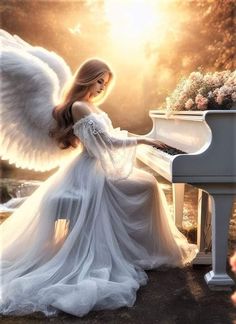 a woman in white dress sitting at a piano with an angel wings on her body