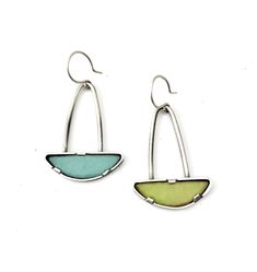 Silver Earrings - Chartreuse and turquoise vitreous torch enameled half circles are set in heavy walled silver bezels with tabs. These dangle and rock back and forth on a round silver wire like a boat on the water. All silver is oxidized sterling. <br><br>Sterling silver ear wire. Artistic Enamel Jewelry With Matching Earrings, Modern Silver Enamel Jewelry, Contemporary Green Sterling Silver Jewelry, Silver Enamel Cabochon Jewelry, Artistic Silver Enamel Earrings, Torch Fired Enamel Jewelry, Artistic Silver Enamel Necklace, Cloisonne Enamel Jewelry, Concrete Ideas